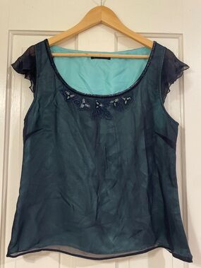 True Vintage Banana Republic Sapphire Silk Scoop Neck Blouse with Beaded Detail